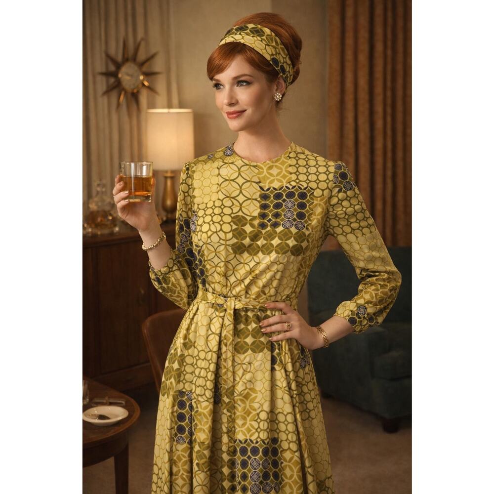 1960s Mod Geometric Print Dress with Scarf & Belt - Picture 10 of 10